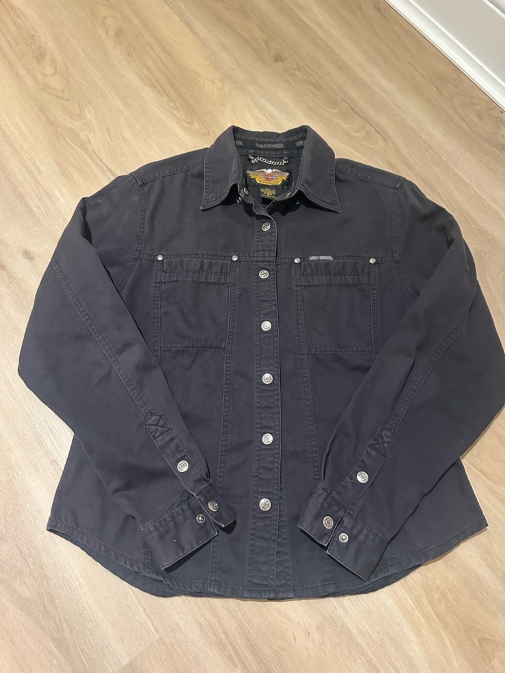 Harley Davidson Women’s Black Button Down Long Sleeve Shirt Sz S Eagle Flag